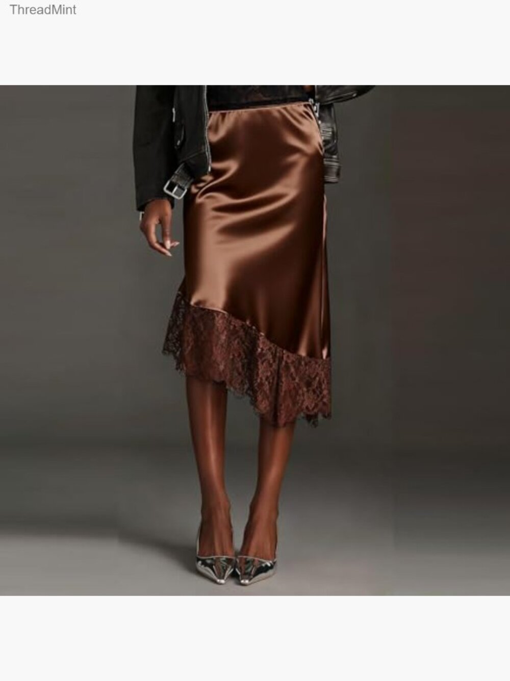 Vintage Satin Lace Maxi Skirt Silk Trim A-Line Asymmetrical Elastic Waist - Picture 2 of 3